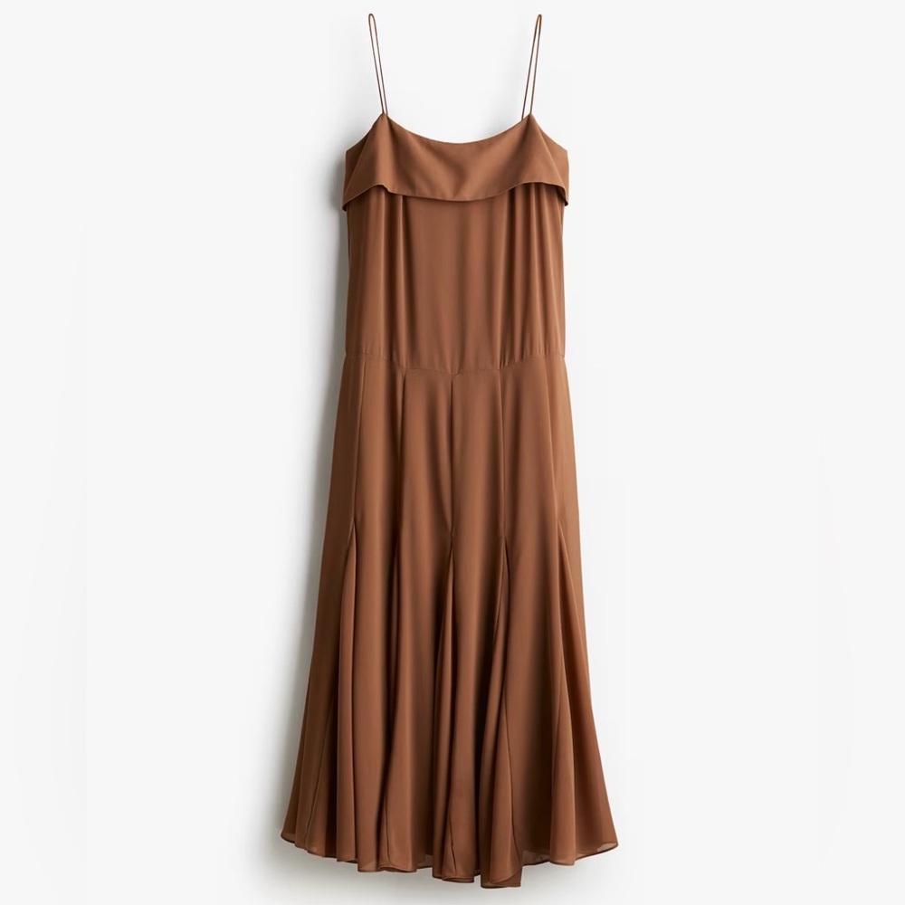 H&M ELEGANT BROWN MIDI DRESS‎ IN CRÉPE CHIFFON NWT SZ XS - Picture 4 of 14